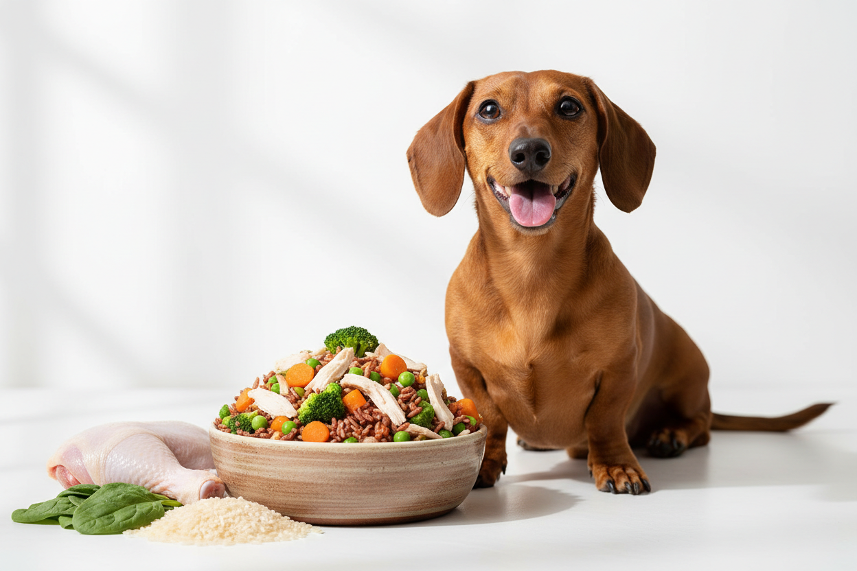 Happy Dachshund with a fresh bowl of JustFoodForDogs meal