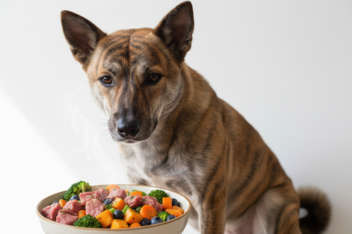 Athletic Kai Ken with a fresh bowl of JustFoodForDogs meal