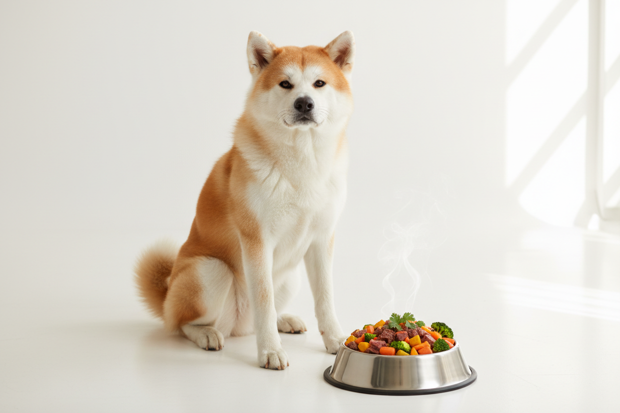 Majestic Akita Inu with a fresh bowl of JustFoodForDogs meal