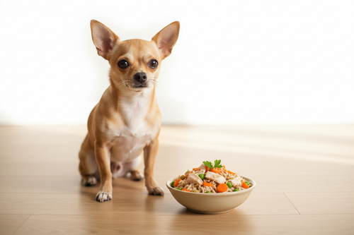 Adorable Chihuahua with a fresh bowl of JustFoodForDogs meal